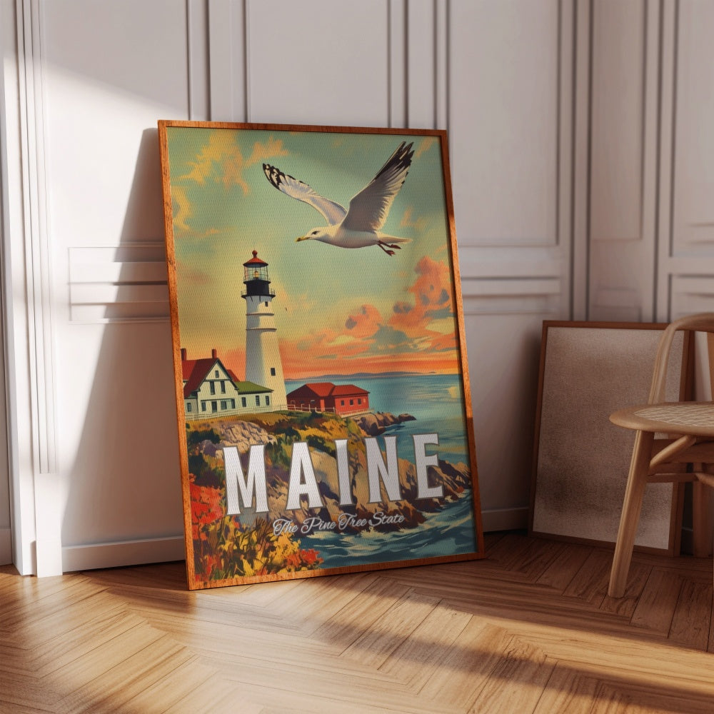 "Maine", a vintage travel poster, featuring a seagull flying next to the Portland Head Light