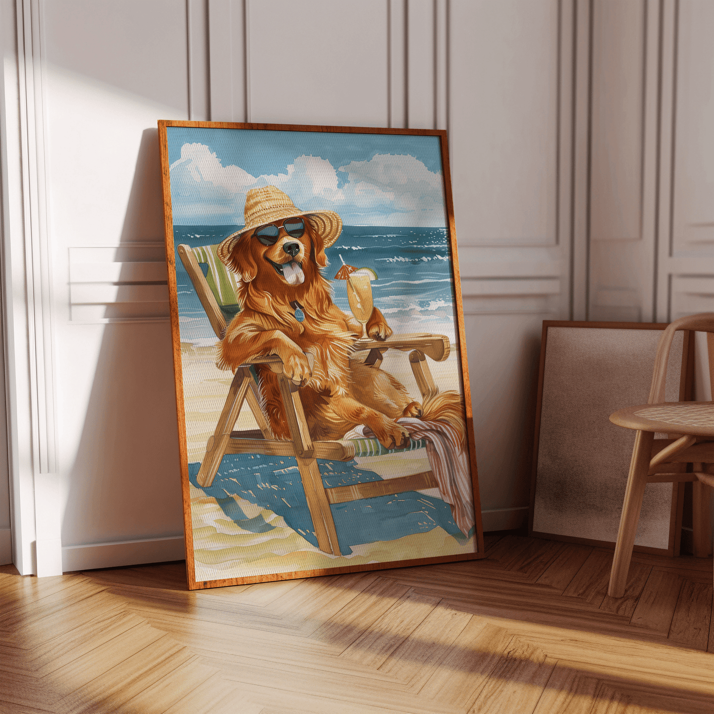 Painting of a Golden Retriever sunbathing at the beach with a cocktail in hand, in a hallway - Paw Prints