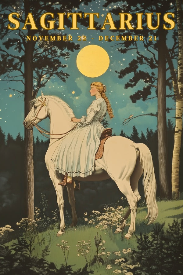 "Sagittarius", a vintage astrology poster, featuring a damsel riding a white horse in the forest, underneath the night sky